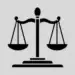 Black silhouette of Lady Justice with balanced scales on a grey background.