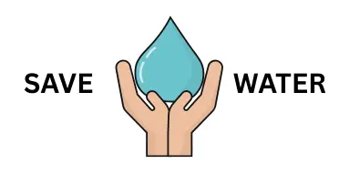 Illustration of two hands holding a water droplet with the text "Save Water" on both sides.