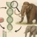 the de-extinction process with a woolly mammoth, modern elephant, DNA strand, microscope, lab equipment, and arrows indicating genetic revival steps in a scientific lab setting.