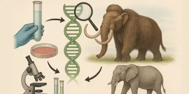 the de-extinction process with a woolly mammoth, modern elephant, DNA strand, microscope, lab equipment, and arrows indicating genetic revival steps in a scientific lab setting.