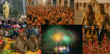 A vibrant collage of unique global festivals, including traditions from Mexico, England, Spain, Malaysia, Thailand, South Korea, the USA, and Australia.