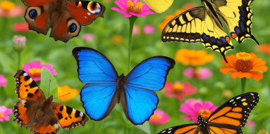 Colorful butterflies of various species flying and perched on vibrant zinnia flowers in a lush green garden during spring.
