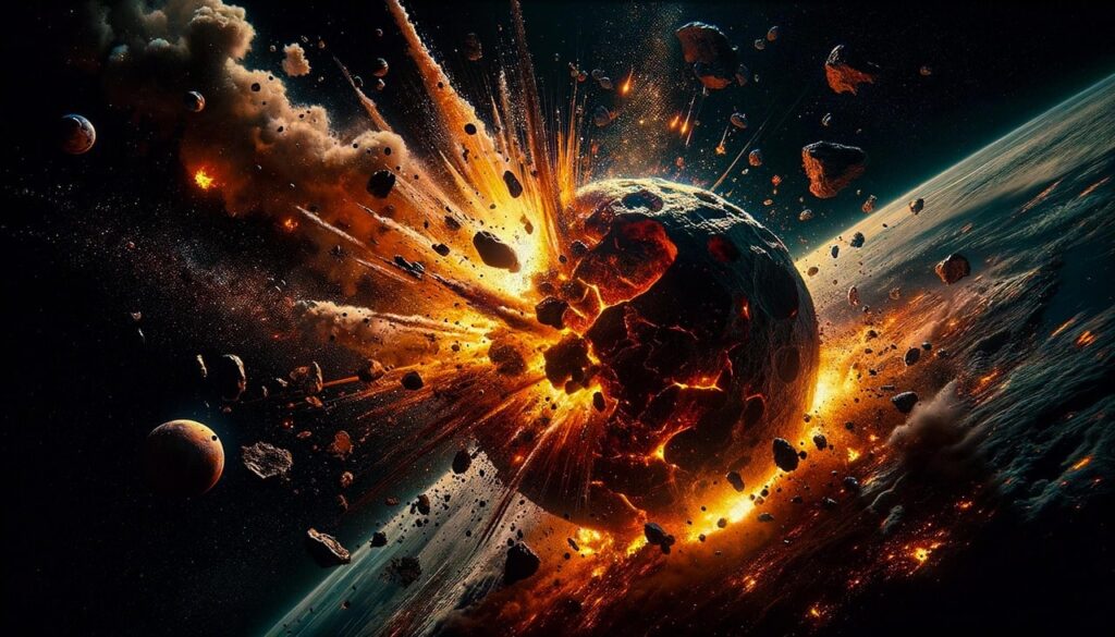 This visually intense space-themed digital artwork captures the dramatic moment of a planetary explosion. A massive celestial body erupts in a fiery burst of molten rock, scattering debris and lava across space. Fiery fragments and glowing embers streak outward, set against the dark backdrop of the cosmos. The image conveys a sense of cosmic destruction, chaos, and the overwhelming power of celestial events.
