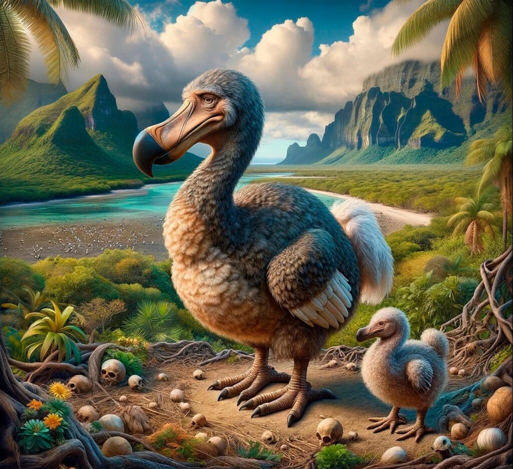  image of a dodo bird and its chick in a lush, tropical setting. The adult dodo stands prominently on a patch of dirt surrounded by roots and scattered skulls, suggesting a lost or extinct world. The chick looks up toward the adult dodo. In the background, a bright turquoise lagoon, palm trees, dense forests, and dramatic mountain peaks under a partly cloudy sky create a stunning, paradise-like environment.