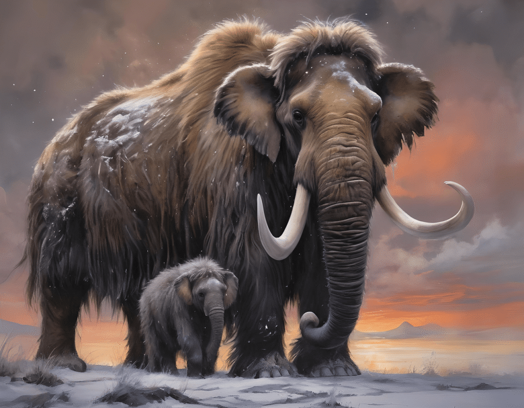  image of two woolly mammoths—an adult and a calf—standing in a snowy landscape at sunset. The larger mammoth has long, curved tusks, thick shaggy fur dusted with snow, and a calm expression. The baby mammoth is nestled closely beside it. The sky is painted with warm orange and pink hues, contrasting with the icy, snow-covered ground.