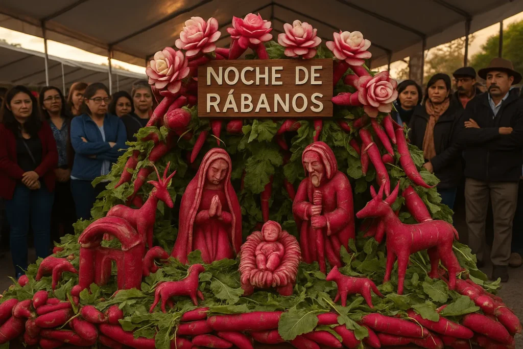 unique festival - Elaborate sculptures made entirely of carved radishes sit on display under bright lights in Oaxaca, Mexico. These radish artworks depict everything from nativity scenes to folkloric figures. Crowds of families gather to admire the creativity, snapping photos of the vibrant red and white radishes transformed into miniature worlds.