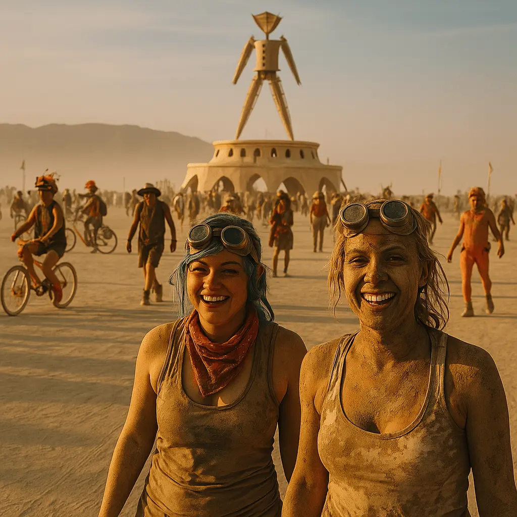 A surreal desert landscape in Nevada’s Black Rock Desert is transformed into a vibrant, temporary city filled with massive art installations, glowing light sculptures, and people in eclectic, futuristic costumes. Dust swirls in the air as participants cycle past giant wooden structures and mutant vehicles. In the distance, the iconic Burning Man effigy stands tall, ready to be set ablaze in a powerful ritual of communal expression and renewal. The atmosphere is electric, creative, and deeply spiritual, celebrating radical self-expression, inclusion, and temporary community.