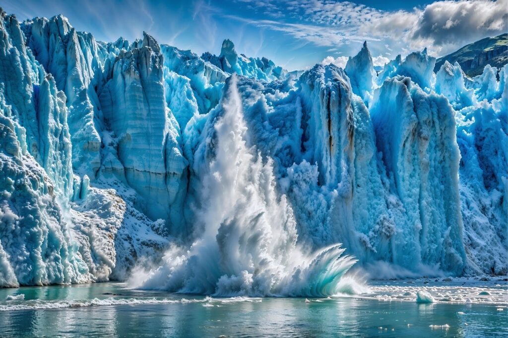 This breathtaking image shows a massive glacier calving — a large chunk of ice breaking off and crashing into the ocean below. Towering blue ice walls, textured with cracks and snow, stand against a bright blue sky with scattered clouds. The falling ice creates a powerful splash, sending icy spray and waves into the calm, frigid water. The surrounding landscape hints at untouched wilderness, showcasing the raw beauty and fragility of polar regions.