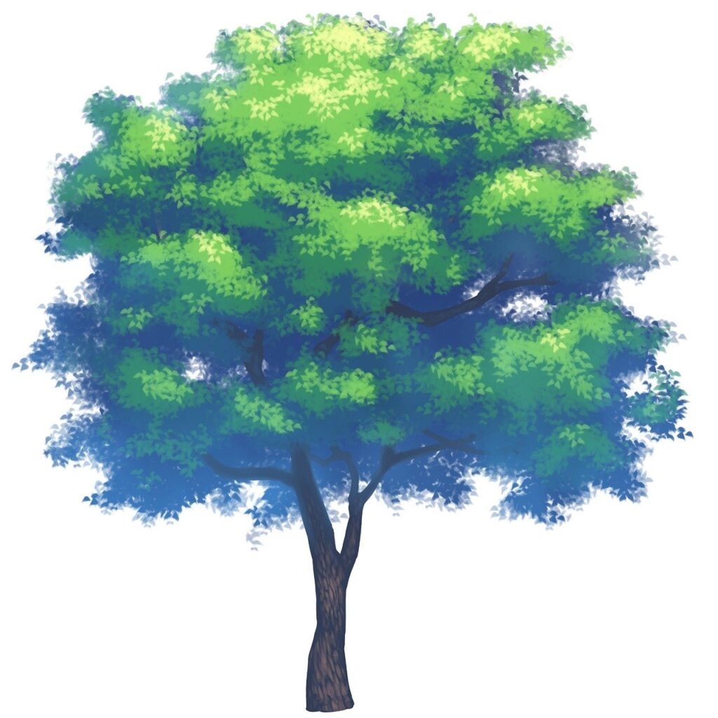 A vibrant digital artwork of a fully grown tree featuring a dense canopy in shades of green and blue, with a textured brown trunk. The illustration is isolated on a white background, making it ideal for educational content, eco-themed designs, children’s books, or nature-focused web pages. The soft shading and painterly style give it a whimsical and approachable feel.