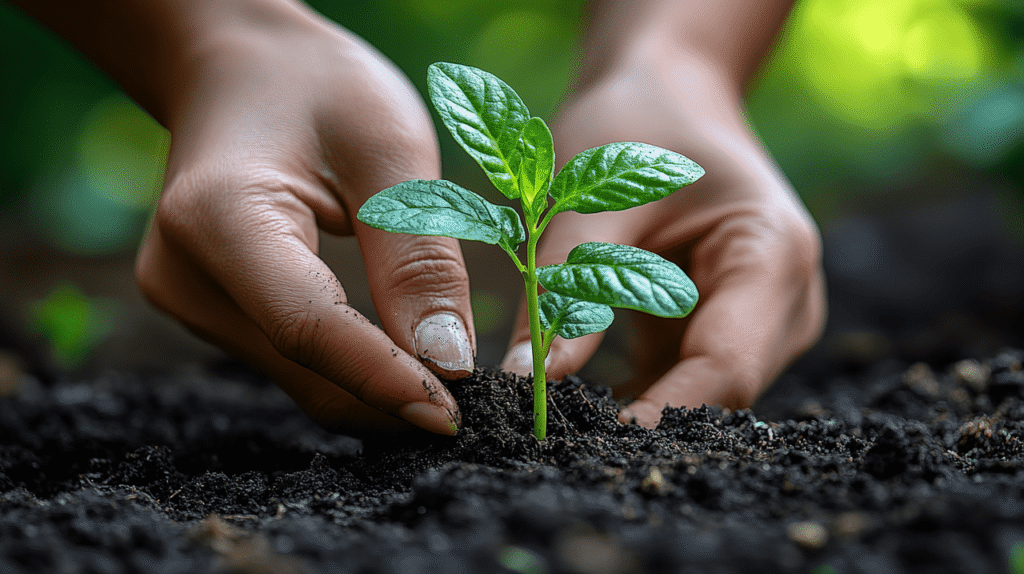 This image captures a close-up of hands gently planting a small green seedling in dark, rich soil. The young plant has vibrant, glossy leaves and is surrounded by a soft-focus background of greenery, indicating a natural and nurturing environment. The scene conveys themes of growth, care, and environmental stewardship.