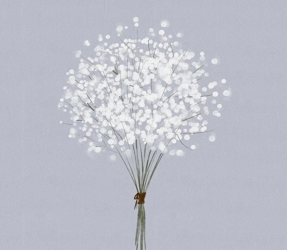 
A simple and elegant digital artwork depicting a bunch of white baby's breath flowers tied together with a brown string, set against a textured light gray background. The soft, delicate blossoms and muted tones create a calming and minimalist aesthetic, perfect for use in floral design, stationery, home décor, or inspirational content.