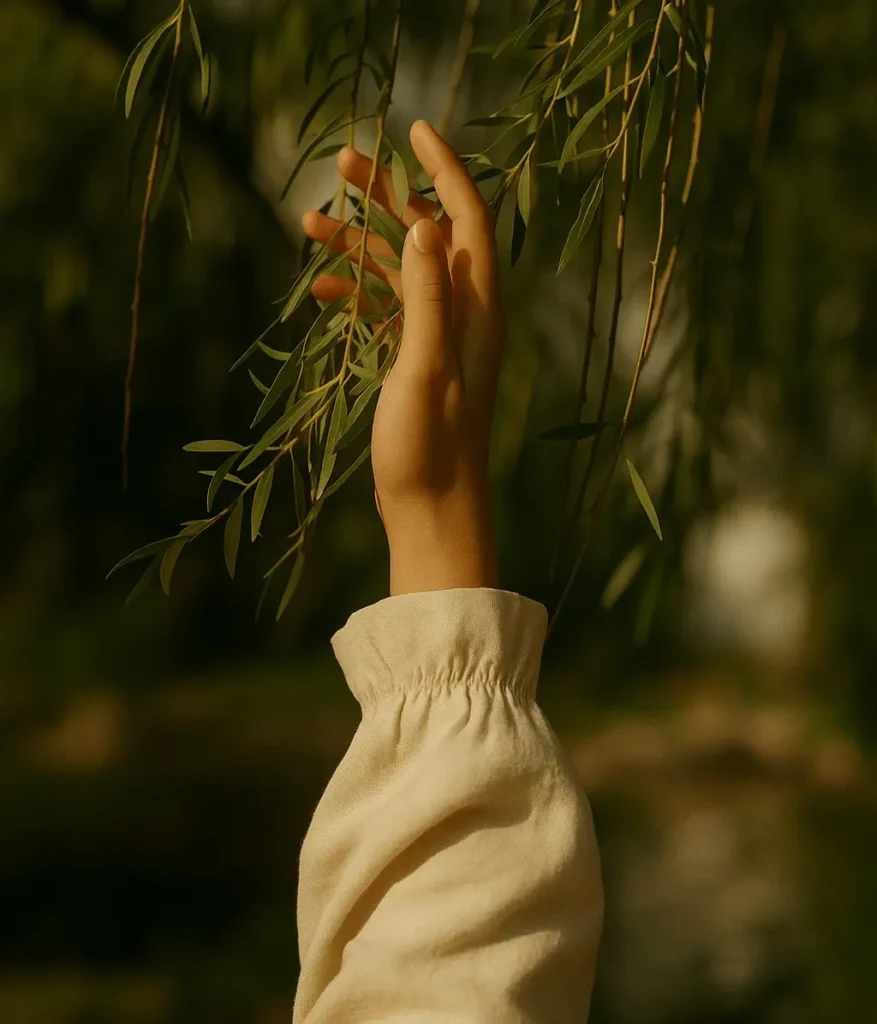 Reading Poetry, A soft, serene photograph captures a fair-skinned hand gently reaching up to touch the delicate, cascading leaves of a willow tree. The hand, partially covered by the cuff of a loose, cream-colored blouse, interacts tenderly with nature, evoking a moment of quiet connection and mindfulness. Dappled golden sunlight filters through the leaves, casting a warm, dreamlike glow that adds to the tranquil, nostalgic atmosphere of the scene.