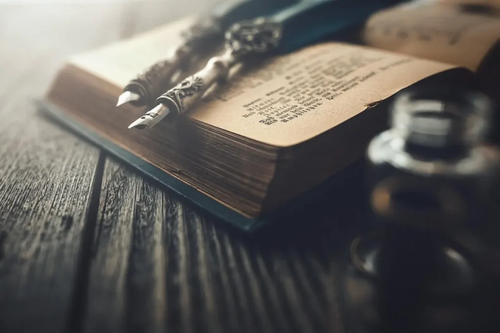 A close-up image showcasing two ornate, antique-style fountain pens lying atop the open pages of a vintage book on a rustic wooden table. A glass ink bottle is visible in the blurred foreground, evoking a nostalgic, literary atmosphere ideal for themes related to poetry, calligraphy, history, or classic literature.