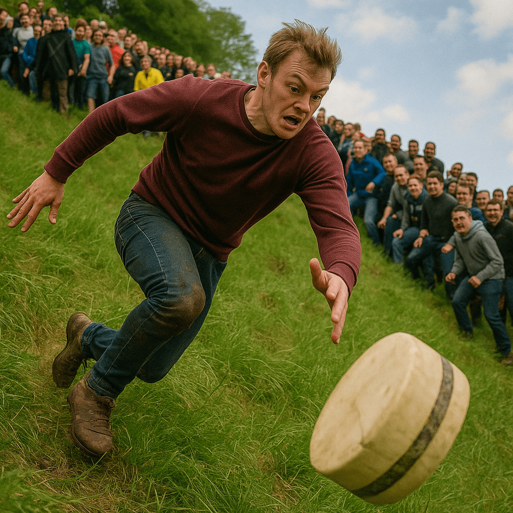  unique festival - In the picture, the focal point is a large, round wheel of Double Gloucester cheese, bright golden-yellow and gleaming under the sun, as it hurtles down the steep hill at incredible speed. Behind it, a crowd of racers—clad in casual sportswear and some in eccentric costumes—are seen sprinting, tumbling, and scrambling down the challenging slope, all intent on catching the elusive cheese.