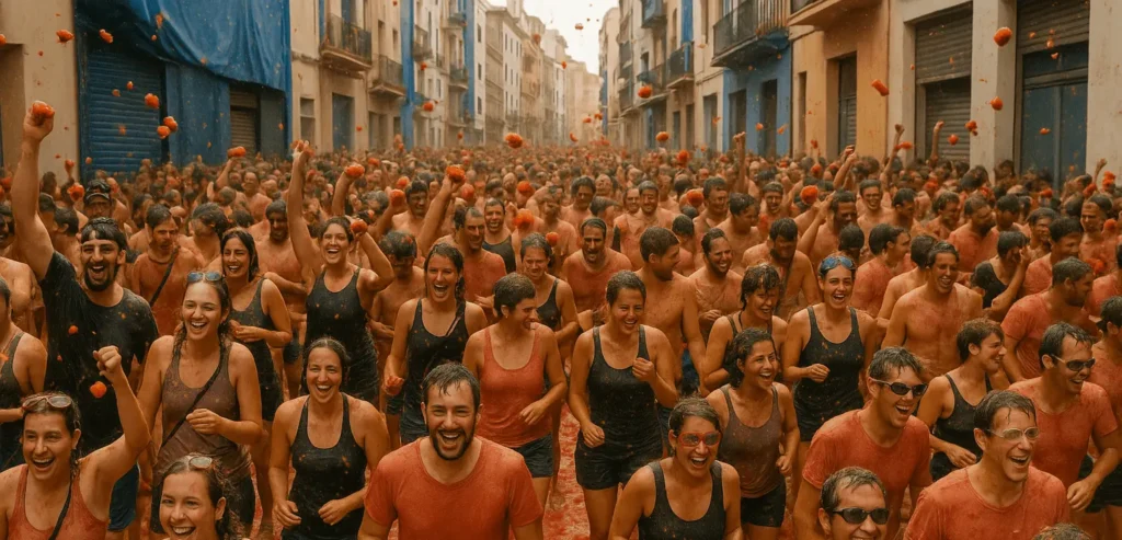 unique festival - A massive crowd of people drenched in red tomato juice are seen laughing and throwing squished tomatoes at each other in the streets of Buñol, Spain. The air is thick with the scent of crushed tomatoes, and everyone is covered from head to toe. The festival atmosphere is electric with joy, chaos, and color as red fruit flies through the air like confetti. Locals and tourists alike are united in the playful tomato war.

