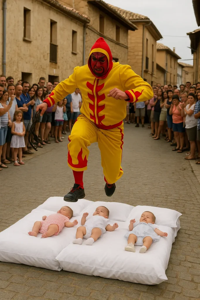 unique festival-In Castrillo de Murcia, Spain, costumed devils leap over rows of newborn babies laid gently on mattresses in the street. Parents stand nearby watching nervously yet proudly, as the red and yellow devils (El Colacho) purify the babies of sin in a tradition dating back to the 1600s. The contrast between the innocent babies and the colorful, masked jumpers makes for a surreal scene.