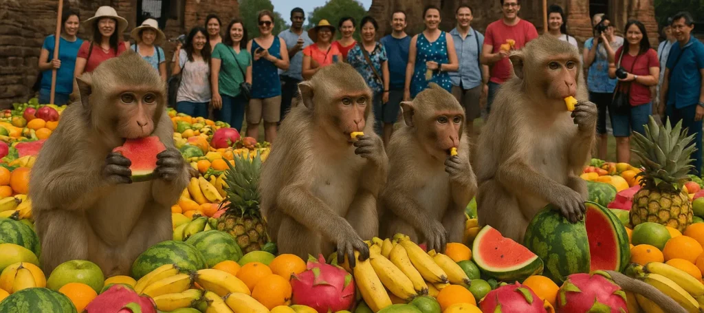 unique festival - Hundreds of monkeys gather around elaborately decorated tables piled high with colorful fruits, vegetables, and treats in front of an ancient temple in Lopburi, Thailand. The monkeys climb freely across the tables, feasting on bananas, pineapples, and cakes while tourists take photos and laugh in delight. Locals dressed in traditional attire observe the event, which honors the monkeys as sacred symbols and local guardians. The scene is vibrant, playful, and chaotic — a unique celebration of harmony between humans and animals.