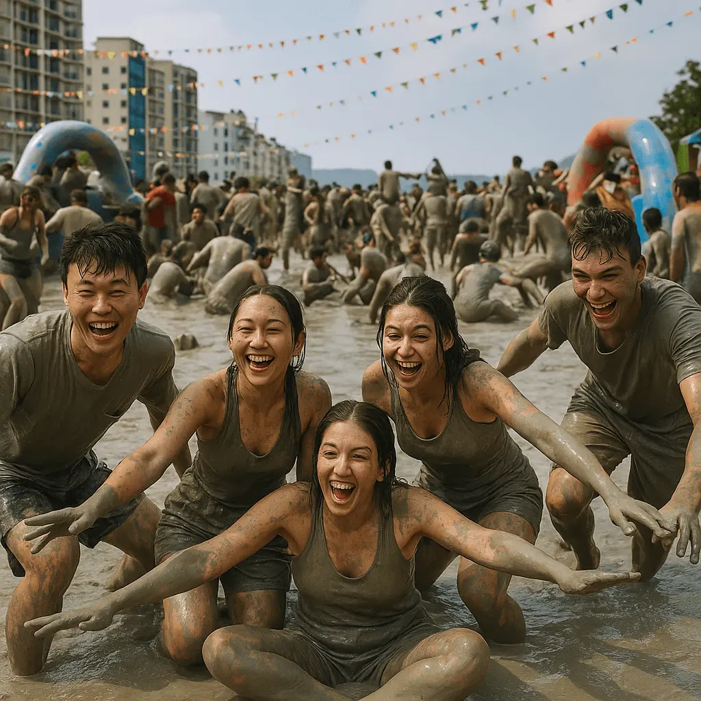 worldwide unique festival -A lively crowd of young people covered head to toe in grayish mud laugh and cheer as they wrestle, slide, and splash around in giant mud pits on the beach in Boryeong, South Korea. Large inflatable mud pools and obstacle courses fill the scene, with people participating in tug-of-war, mud wrestling, and slippery races. In the background, stages with live music, dancers, and water cannons add to the high-energy atmosphere. The summer sun shines down on this playful and wild celebration of fun, freedom, and skin-friendly mineral mud.
