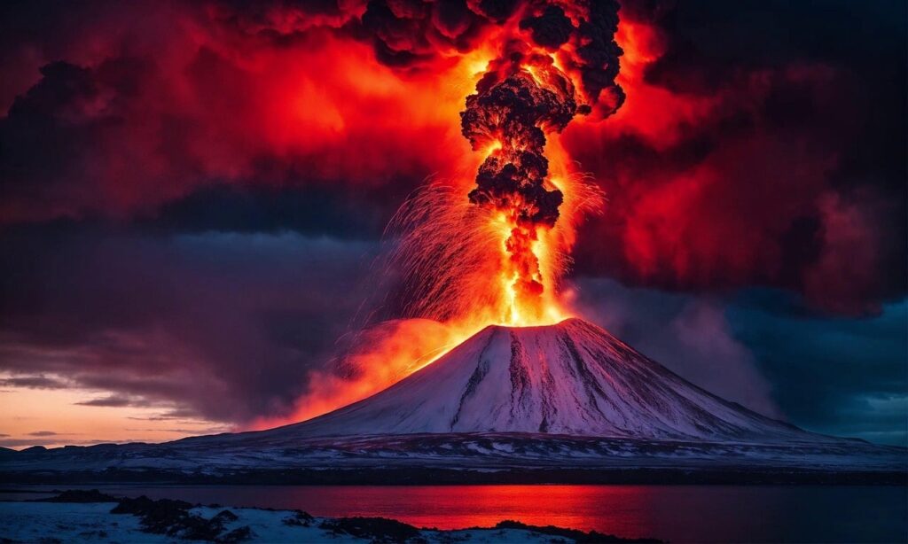 This striking image captures a volcanic eruption in full force. Molten lava bursts from the snow-covered peak, sending a towering column of smoke, ash, and fire into the darkened sky. The intense red and orange hues of the eruption contrast dramatically with the icy landscape and the deep blue twilight, reflecting ominously in the water below. The scene evokes both awe and the destructive power of nature.