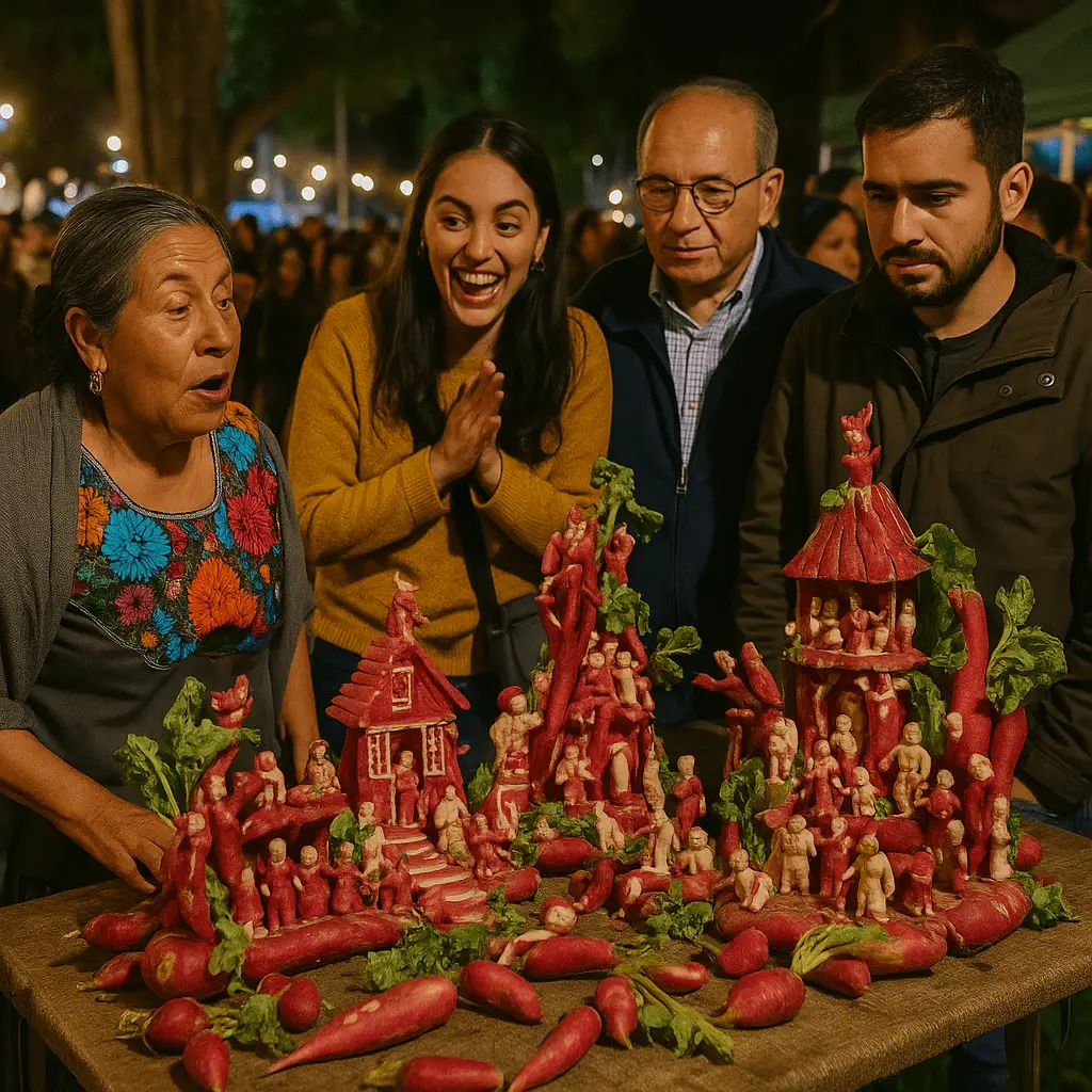 10 Unique Festivals Around the World You’ve Probably Never Heard Of -Elaborate sculptures made entirely of carved radishes sit on display under bright lights in Oaxaca, Mexico. These radish artworks depict everything from nativity scenes to folkloric figures. Crowds of families gather to admire the creativity, snapping photos of the vibrant red and white radishes transformed into miniature worlds.