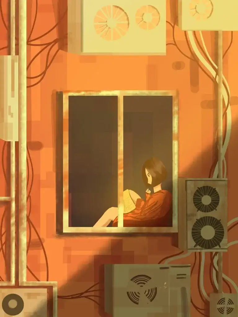 The Art of Slow Reading finds its modern heartbeat in this digital artwork depicting a girl sitting by a window, immersed in a book amid a cityscape of wires and AC units. The warm orange tones wrap the scene in a sunset-like glow, symbolizing stillness and solitude in a noisy, mechanical world. A perfect visual representation of mindful moments carved out in urban life, this image is ideal for websites, blogs, or social media posts about slow living, city solitude, book lovers, and digital wellness.