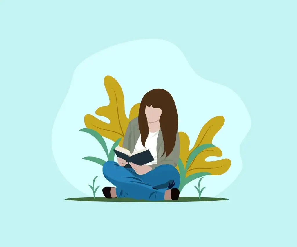 the art of slow reading - A minimalist vector illustration of a young girl with long brown hair sitting cross-legged on the grass, peacefully reading a book. She is dressed casually in a white shirt, olive green jacket, and blue jeans. Behind her are stylized yellow and green leaves, suggesting a calm natural setting. The background features a soft blue tone, enhancing the serene and studious atmosphere. This image is ideal for blogs, educational websites, or articles related to reading habits, slow living, mindfulness, study tips, outdoor learning, or personal development through books.