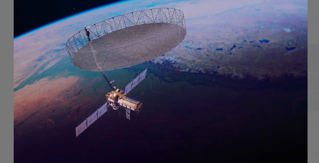 NASA ISRO NISAR satellite with 12 meter radar antenna scanning forests and oceans for environmental changes