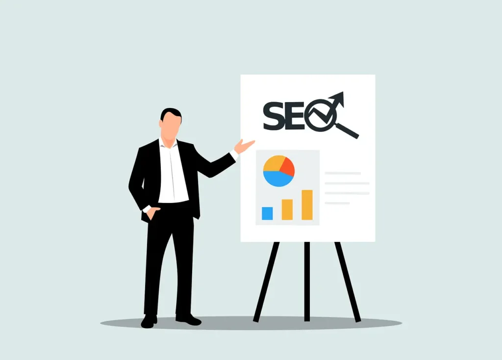 Digital marketing expert explaining SEO strategy with charts and graphs, focusing on website ranking, analytics, and search engine optimization.