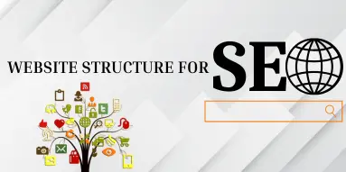 Visual representation of website structure for search engine optimization with a digital tree of icons and a search bar on a white background