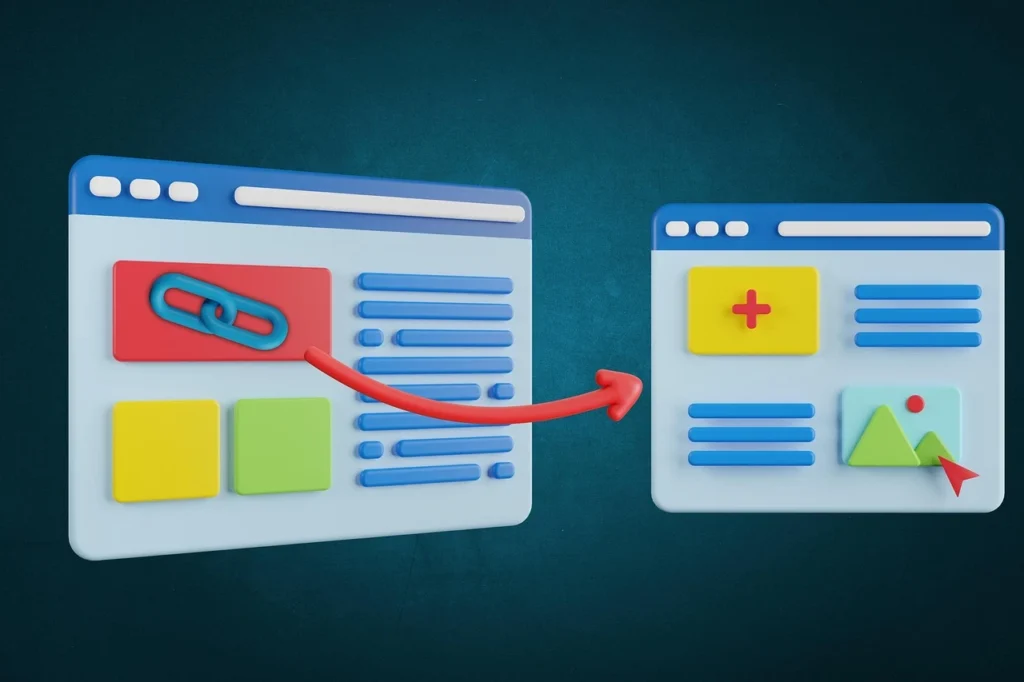 3D illustration of two webpage mockups connected by a red arrow, representing backlink building and linking between websites