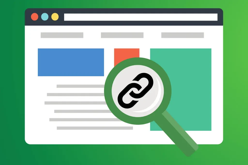 A magnifying glass highlighting a backlink icon on a webpage, representing backlink analysis for SEO.